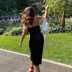 Black satin knee length dress